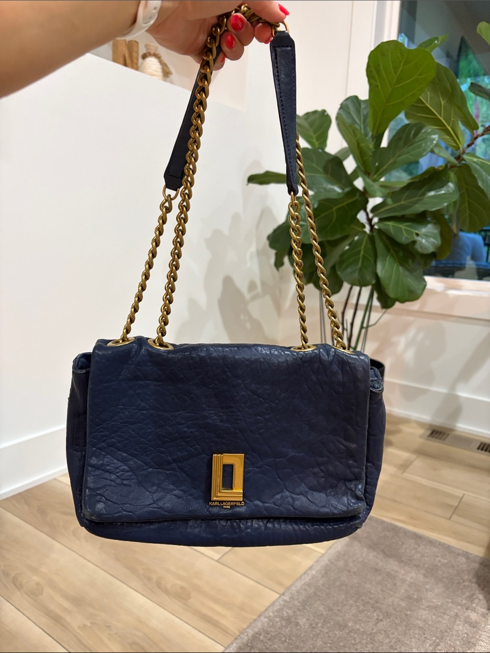Karl Lagerfeld Navy Shoulder Bag with Gold Chain
